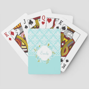 Girly Personalised Mint Damask, Dots and Flowers Playing Cards