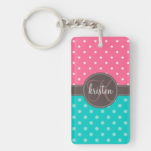 Girly Personalised Pink & Teal Dots Key Ring (Front)