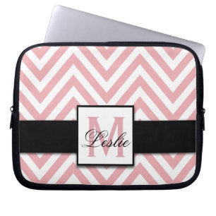 GIRLY, PERSONALIZED CORAL PINK CHEVRON PATTERN LAPTOP SLEEVE