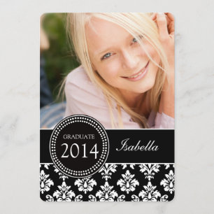 GIRLY PHOTO GRAD INVITE   BLACK WHITE DAMASK