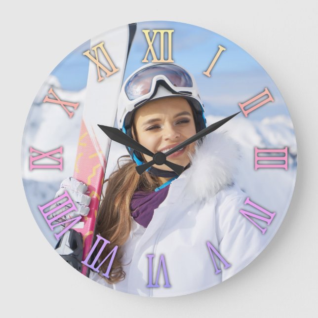 Girly Photo Pastel Rainbow Gradient Roman Numerals Large Clock (Front)