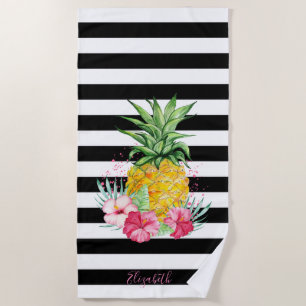 Girly Pineapple,Hibiscus Black White Stripes Beach Towel