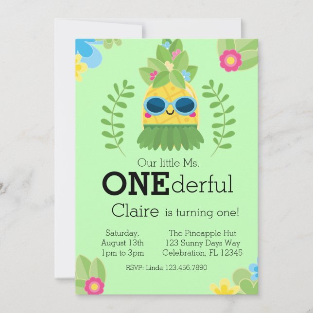 Girly Pineapple Ms. Onederful First  Invitation (Front)