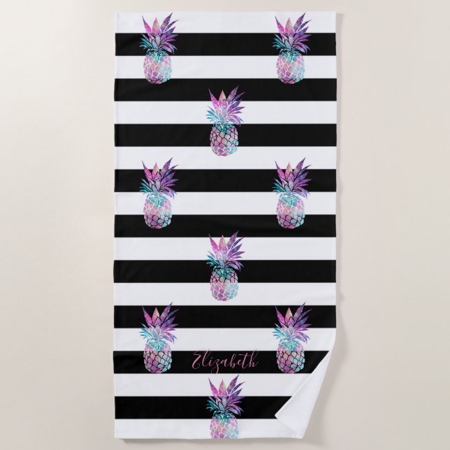 Girly Pineapples,Black White Stripes -Personalised Beach Towel (Front)