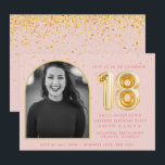 Girly Pink 18th Birthday Gold Balloon Confetti Invitation<br><div class="desc">Perfect for her 18th birthday celebration - this birthday party invitation features a pink and gold 18 balloon and confetti design with arch photo. Customise with your birthday party details. If you have trouble cropping photo to fit correctly,  contact me - I'd be happy to help.</div>