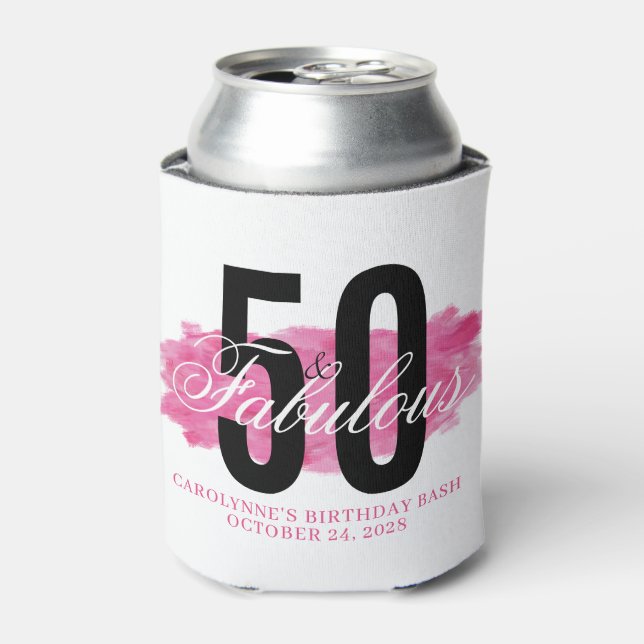 Girly Pink 50 and Fabulous Watercolor Birthday Can Cooler (Can Front)