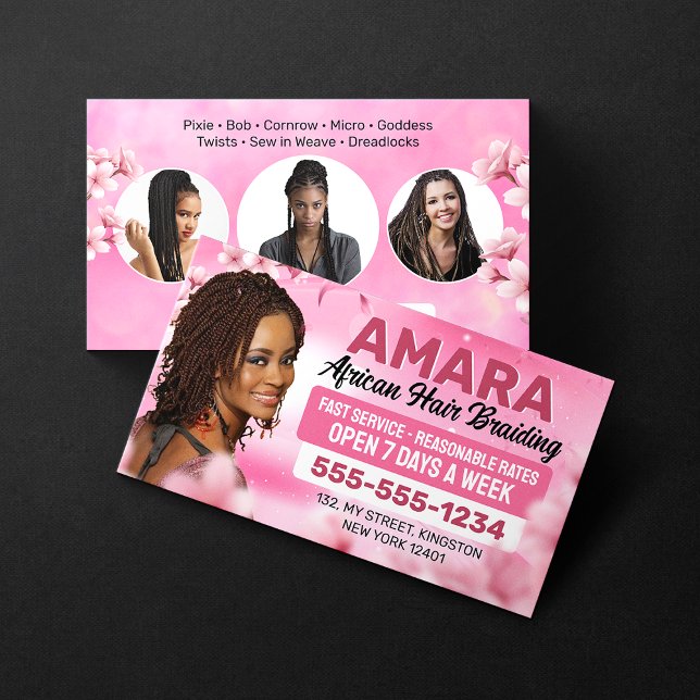 Girly Pink African Hair Braiding Photo Braider Business Card (Creator Uploaded)