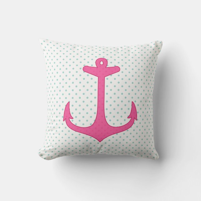 Girly Pink Anchor Polka Dot Nautical Design Cushion (Front)