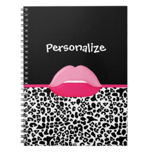 Girly Pink and Black Leopard Print Lips and Name Notebook