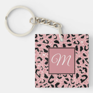 Girly Pink and Black Leopard White Script Initial Key Ring
