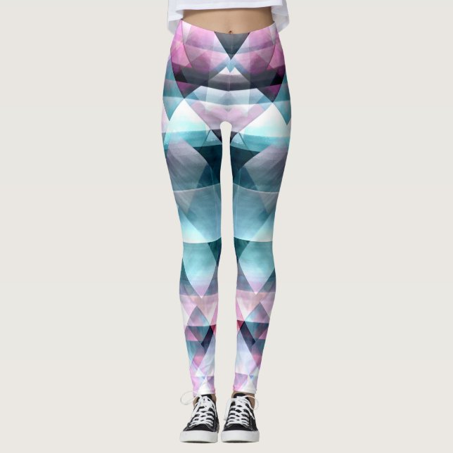 Girly Pink and Blue Abstract Geometric Pattern Leggings (Front)
