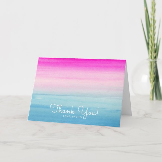 Girly Pink and Blue Ombre Watercolor Thank You Card (Front)