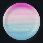 Girly Pink and Blue Watercolor Ombre | Birthday Paper Plate<br><div class="desc">Watercolor ombre of bright pink and blue colours. Change the text if you'd like. The default text says "Happy Birthday." Perfect birthday product for girl's birthday party.</div>