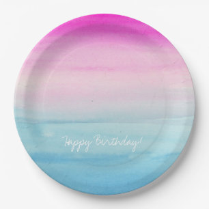 Girly Pink and Blue Watercolor Ombre Birthday Paper Plate