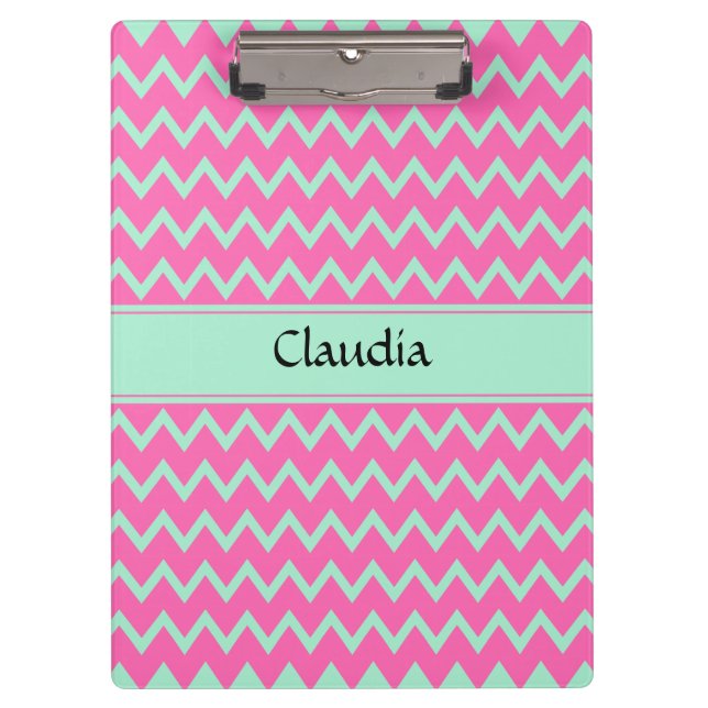 Girly Pink and Green Zigzag Pattern Clipboard (Front)