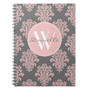Girly Pink and Grey Damask Monogram Spiral Notebook