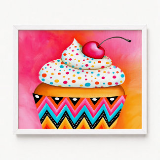 Girly Pink and Orange Cupcake Painting Poster