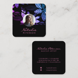 Girly Pink and Purple Botanical Script Photo Square Business Card
