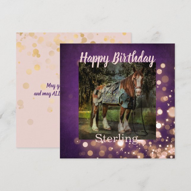 Girly Pink and Purple Glitter Horse Birthday Card (Front/Back)