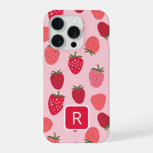 Girly Pink and Red Strawberry Seamless Pattern iPhone 15 Pro Case