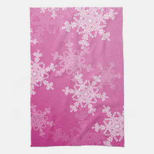 Girly pink and white Christmas snowflakes Tea Towel