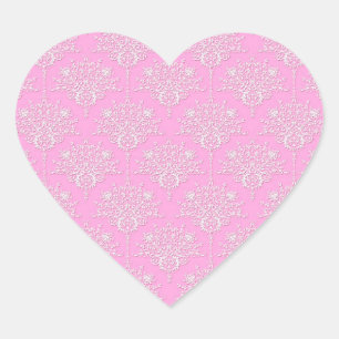 Girly Pink and White Damask Pattern Heart Sticker