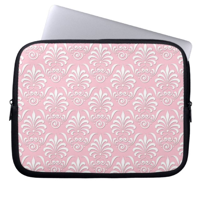 Girly Pink and White Damask Pattern Laptop Sleeve (Front)