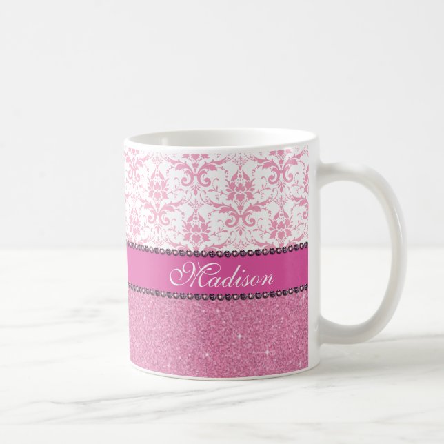 Girly pink and white Damask, pink glitter Name Coffee Mug (Right)