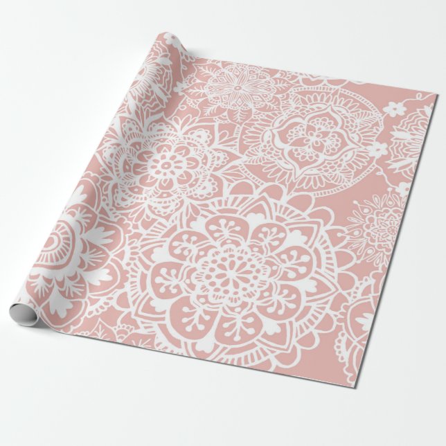 Girly Pink and White Mandala Pattern Wrapping Paper (Unrolled)