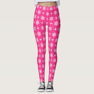 Girly Pink and White Snowflakes Christmas Pattern Leggings