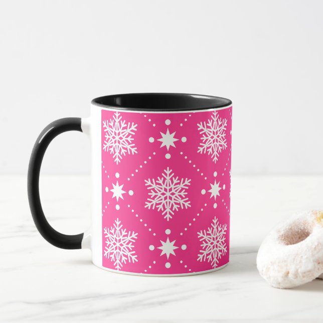 Girly Pink and White Snowflakes Christmas Pattern Mug (With Donut)