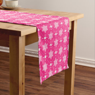 Girly Pink and White Snowflakes Christmas Pattern Short Table Runner
