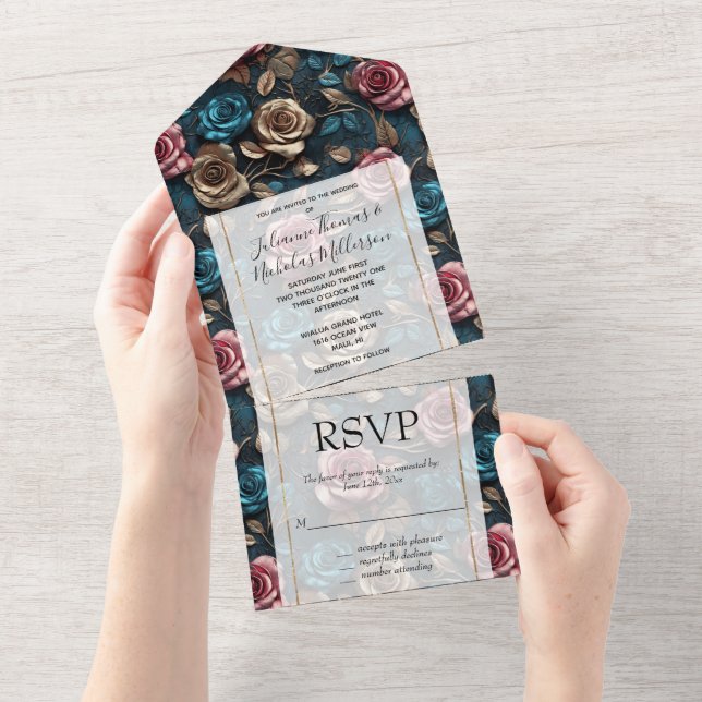 Girly Pink Aqua Champagne Gold Roses All In One Invitation (Tearaway)