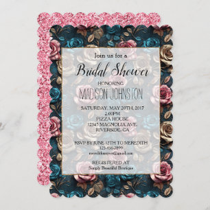 Girly Pink Aqua Champagne Gold Roses Invitation