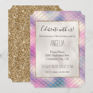 Girly Pink Aqua Gold Mermaid  Invitation