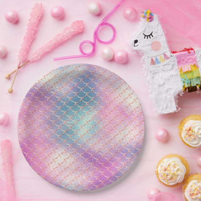 Girly Pink Aqua Gold Mermaid  Paper Plate (Party)