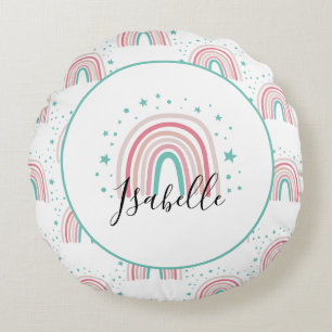 Girly pink aqua rainbow script personalised modern round cushion