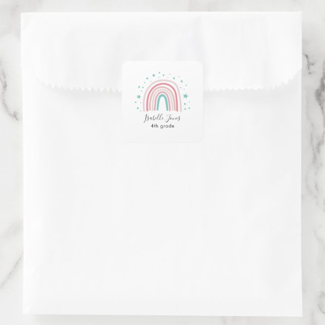 Girly pink aqua rainbow script personalised school square sticker (Bag)