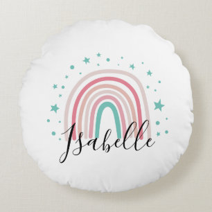 Girly pink aqua rainbow script personalized modern round cushion