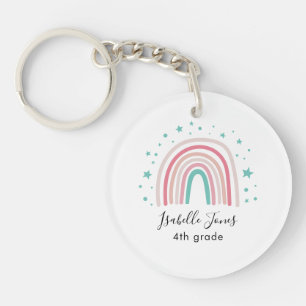 Girly pink aqua rainbow script personalized school key ring