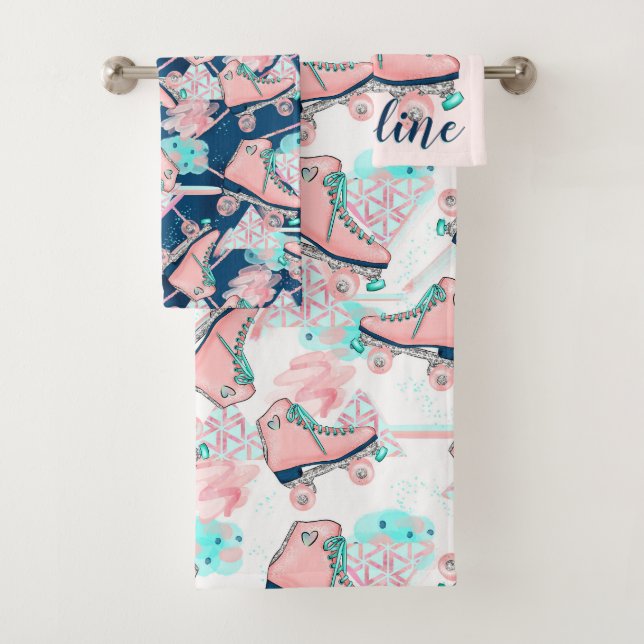 Girly Pink Aqua Roller Skates Personalised Bath Towel Set (Insitu)