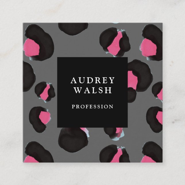 Girly Pink Back Dark Grey Leopard print   Square Business Card (Front)