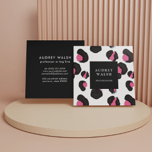 Girly Pink Back White Leopard print Square Business Card