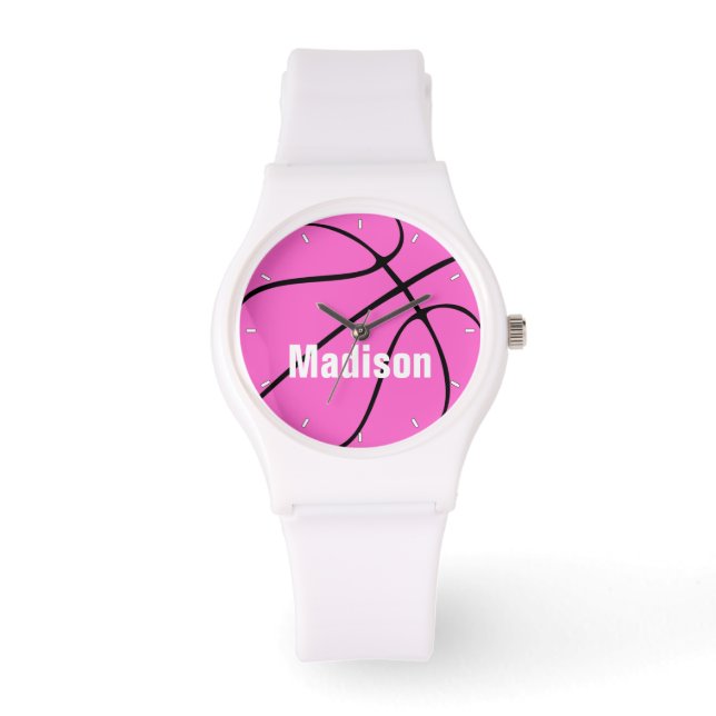 Girly Pink Basketball Custom Name/Text Girls Sport Watch (Front)