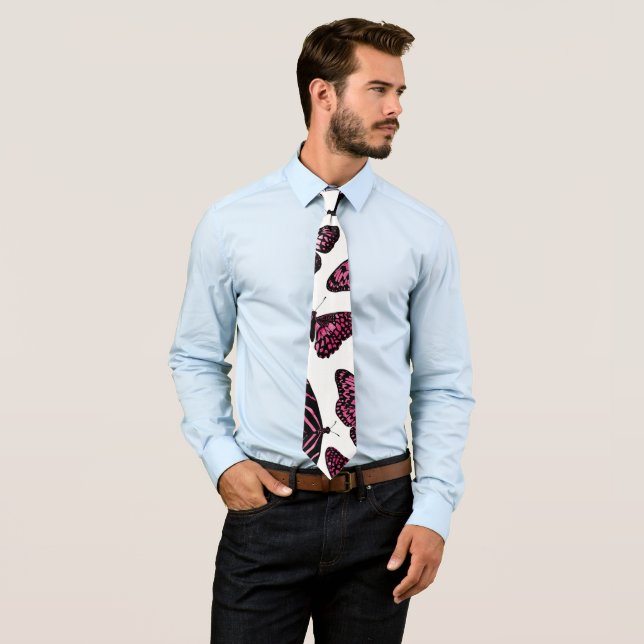 Girly Pink Black Butterflies Watercolor Pattern Tie (In Situ)