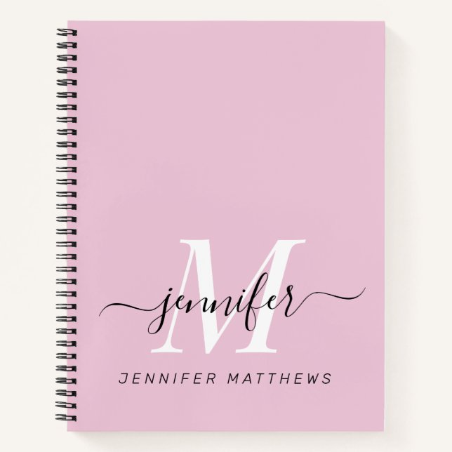 Girly Pink Black Chic Personalised Monogram Name Notebook (Front)