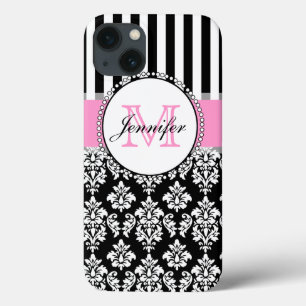 Girly Pink Black Damask Striped Monogrammed iPhone 13 Case