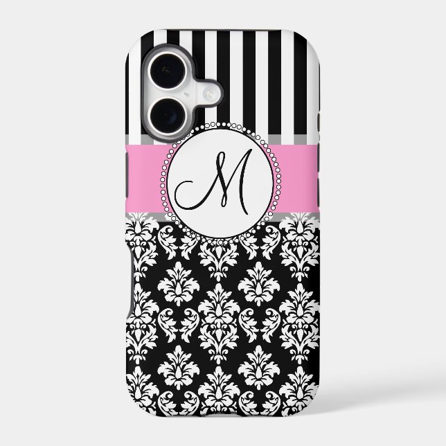 Girly, Pink, Black Damask Your Monogram Initial (Back)