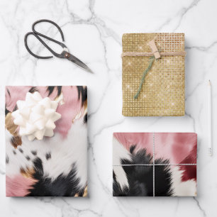 Girly Pink Black Gold Cowgirl Cowhide Wrapping Pap Paper Sheet