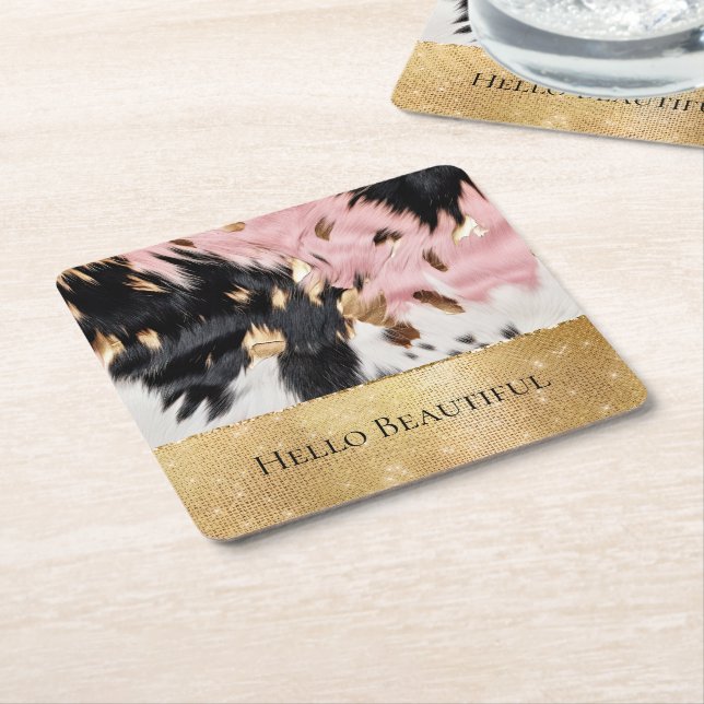 Girly Pink Black Gold Sparkle Cowgirl Cowhide  Square Paper Coaster (Angled)